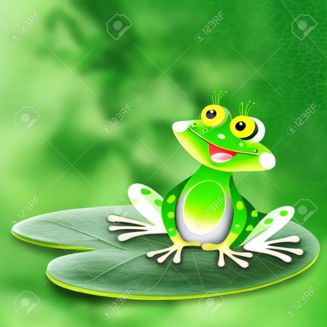 green frog sitting on green leaf, and smiles