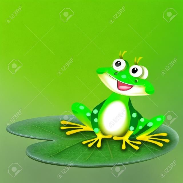 綠色青蛙坐在綠色的葉子，和微笑