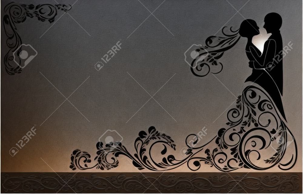 Silhouette of the groom and bride, wedding invitation