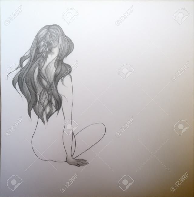 The girl sitting a back with a long flowing hair sketch.