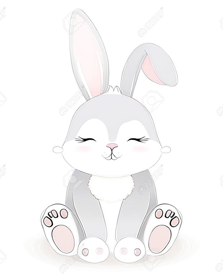 Cute grey baby rabbit, honey bunny sitting with closed eyes. Picture in hand drawing cartoon style, for t-shirt wear fashion print design, greeting card, postcard. baby shower. party invitation.