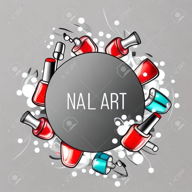 Vector nail lacquer bottles on grey background and white circle place for text