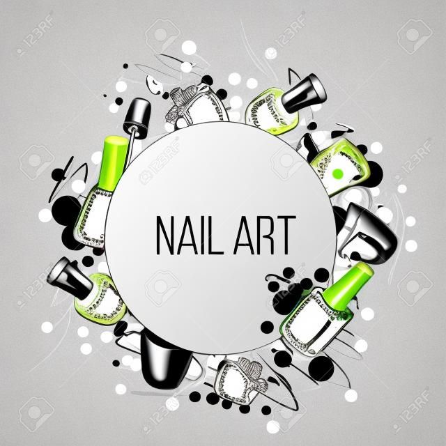 Vector nail lacquer bottles on grey background and white circle place for text