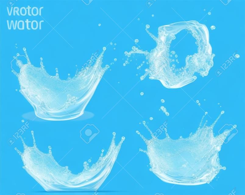 Conjunto de corona y salpicaduras de agua, aislado en fondo azul transparente.