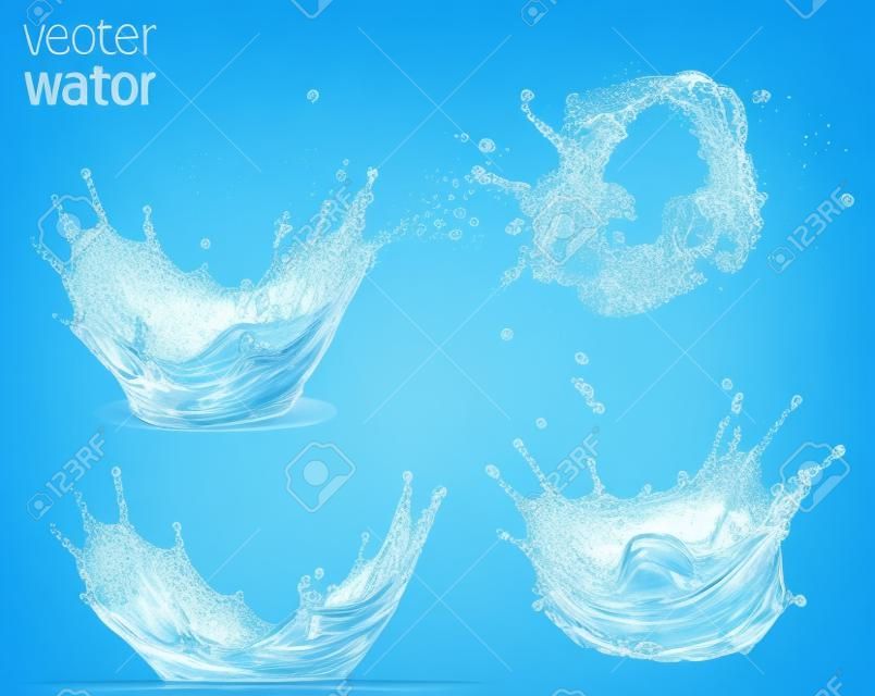 Conjunto de corona y salpicaduras de agua, aislado en fondo azul transparente.
