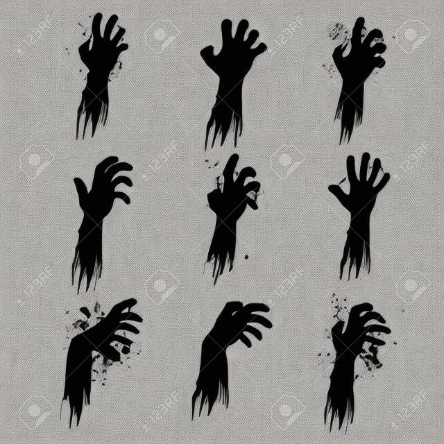 Zestaw dziewięciu rąk zombie czarny grunge na białym tle