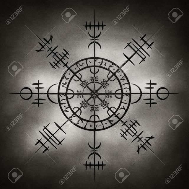 Cerchio nero grunge con simboli vichinghi scandinavi bianchi