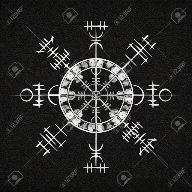 Cerchio nero grunge con simboli vichinghi scandinavi bianchi
