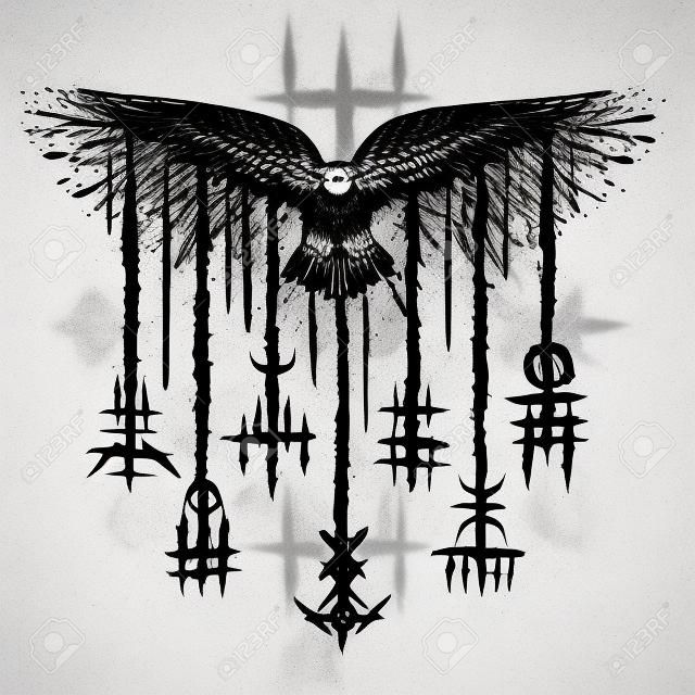 Norse viking black brush raven symbol lines