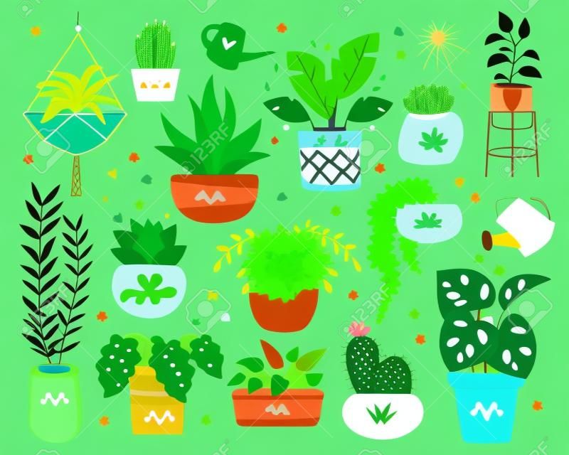 Panelas de desenhos animados com conjunto de ícones planos de planta de casa verde e desvanecimento. Planta tropical para decoração de interiores. Cacto bonito