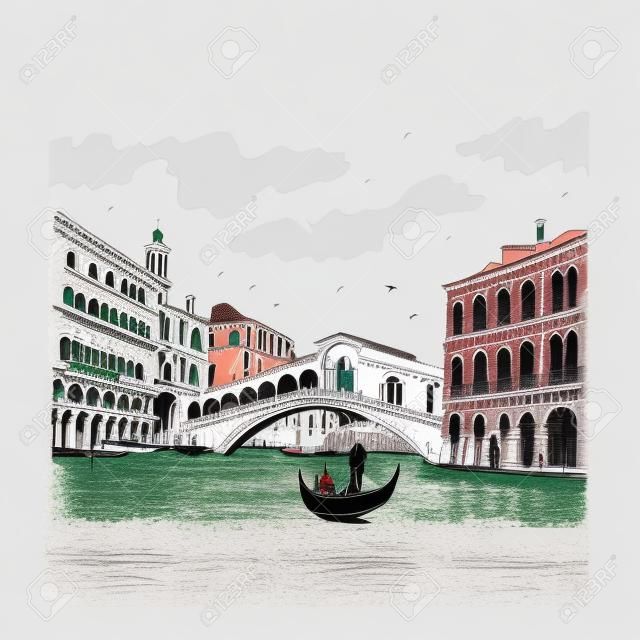 里亞托橋在威尼斯，意大利。矢量手工繪製的草圖。