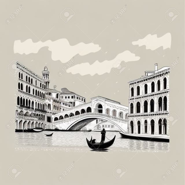 Venedik'teki Rialto Köprüsü, İtalya. Vektör elle kroki çizilmiş.