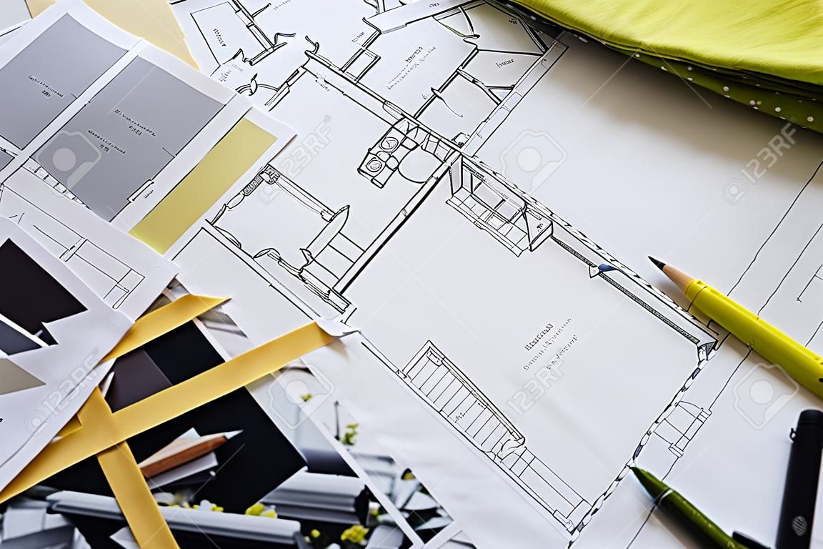 Interior designer's working table, an architectural plan of the house, a color palette, furniture and fabric samples in yellow and grey color. Drawings and plans for house decoration.