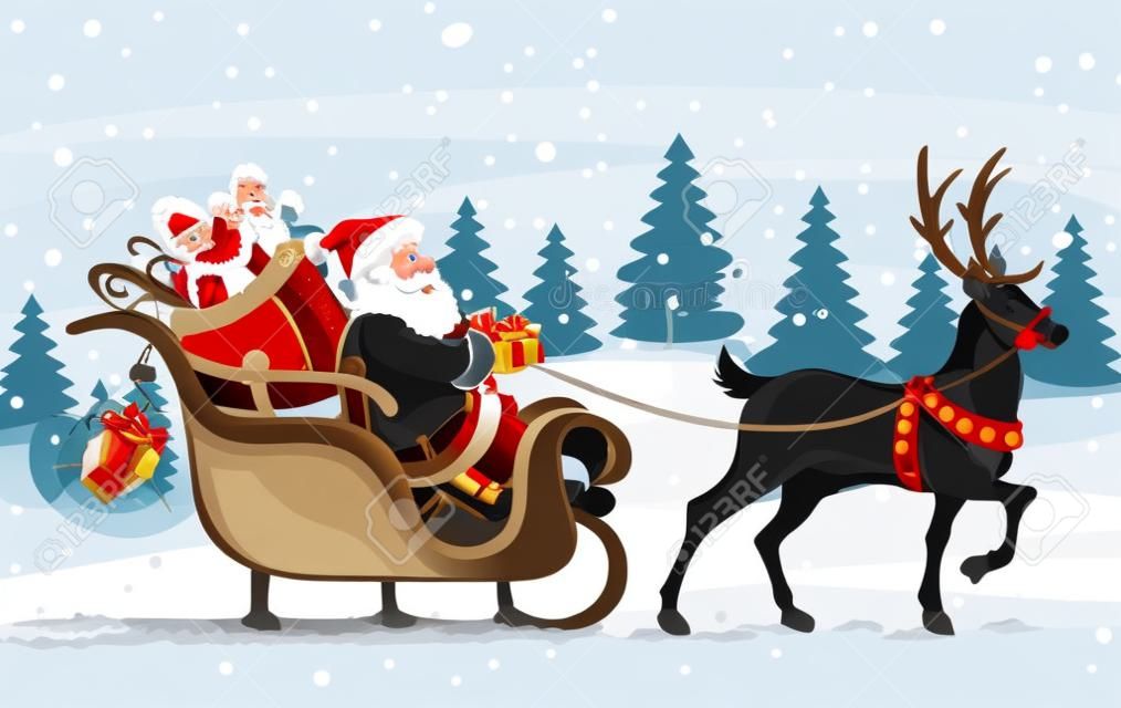 Christmas Santa Claus przejÅ›ciem sledge z reniferÃ³w i prezenty - ilustracji wektorowych