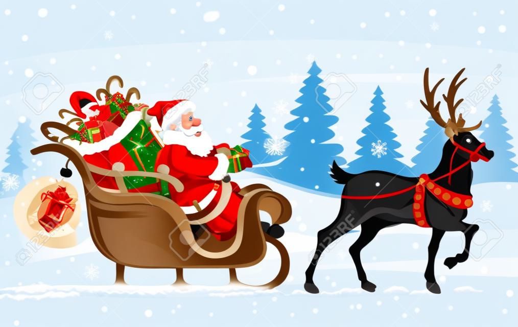 Weihnachten Weihnachtsmann verschieben auf dem Schlitten mit Rentier- und Geschenke - Vektor-illustration