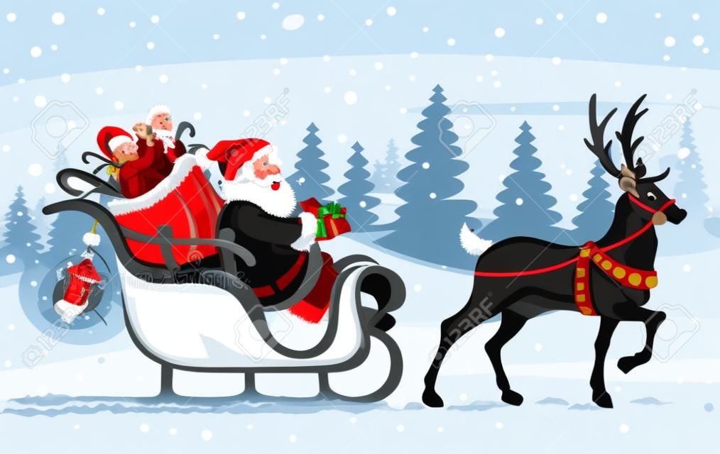 Christmas Santa Claus moving on the sledge with reindeer and gifts - vector illustration