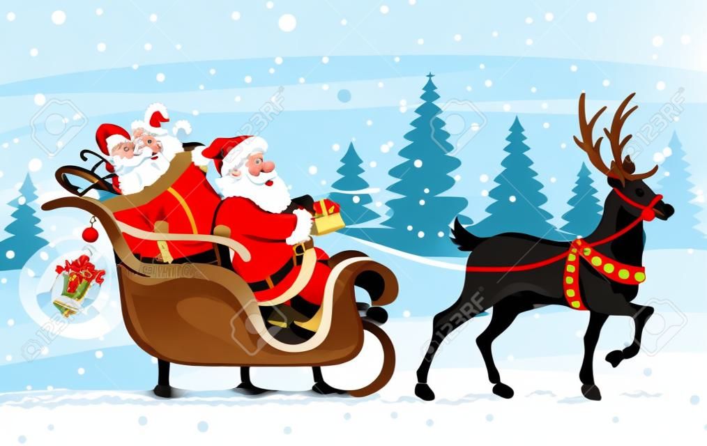Christmas Santa Claus moving on the sledge with reindeer and gifts - vector illustration