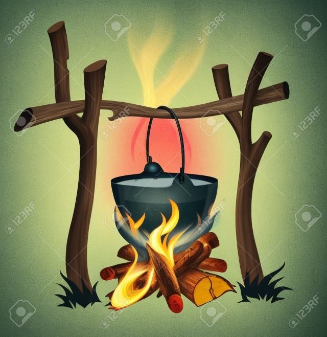 day touristic campfire and kettle with food illustration