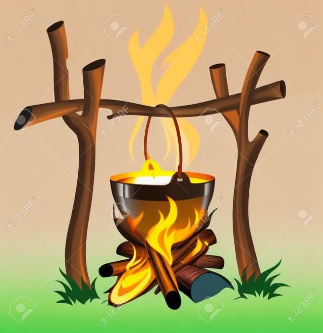 day touristic campfire and kettle with food illustration