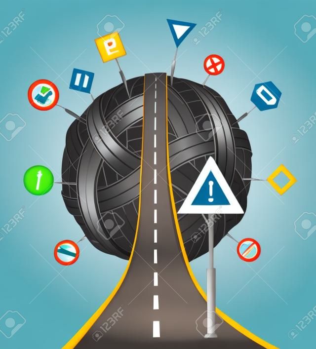 tangle ball of roads with signs illustration