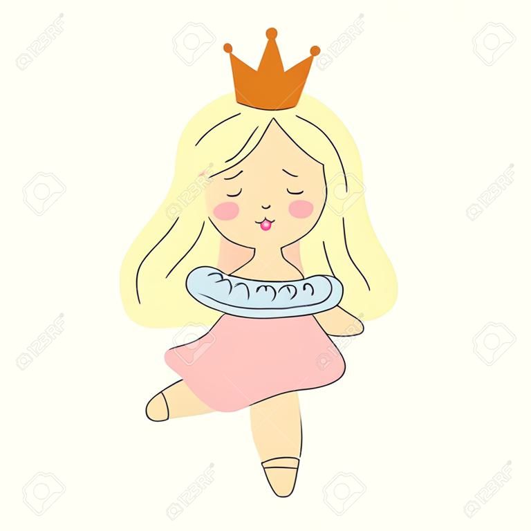Süße kleine Prinzessin kawaii blondes Mädchen mit Krone, tolles Design für jeden Zweck, alles Gute zum Geburtstag, Party, Druckcover, Vektorzeichnung, romantischer Hintergrund, Gekritzelvektorillustration, süßes Muster