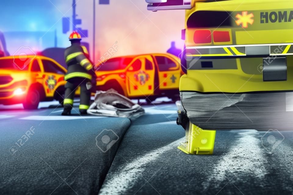 Uma cena de acidente na estrada de uma cidade com ambulância e bombeiro.