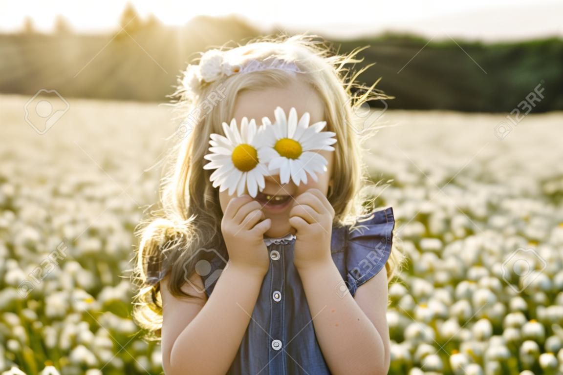 Cute child girl at camomile field daisy