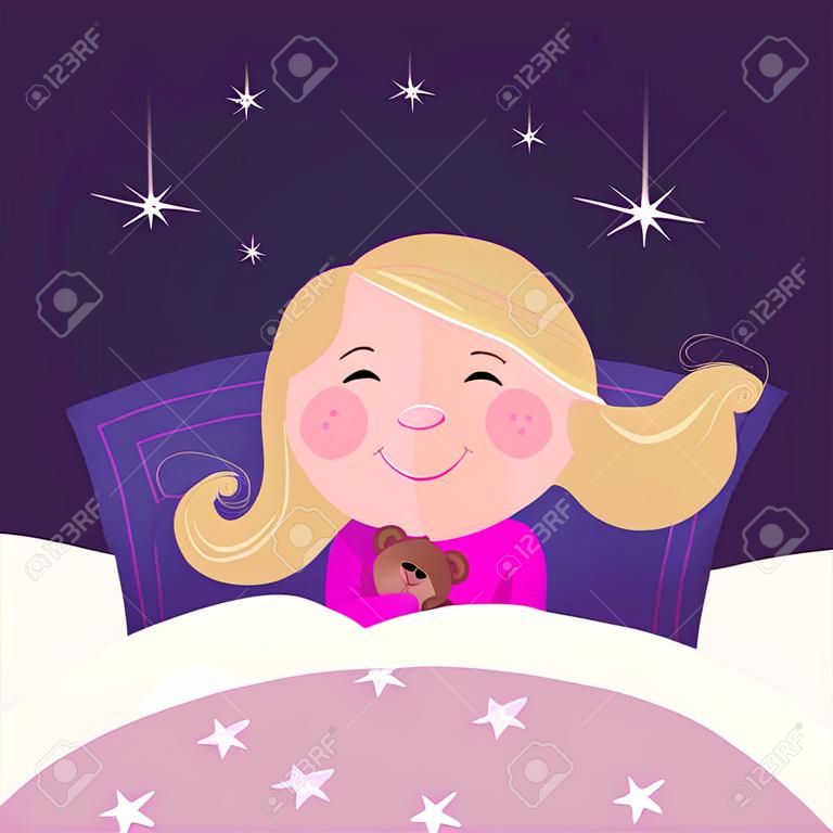 Sleeping and dreaming girl in pink pyjama. Cute girl sleeping with her teddy during dark blue night. Stars in background behind bed. Vector Illustration.