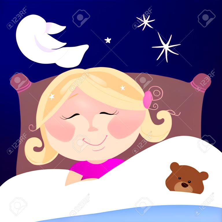 Small girl is sleeping and dreaming about princess. Girl is sleeping in bed during dark night. She is dreaming about princess.  