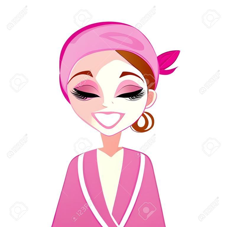 Spa arc lány visel rózsaszín fürdőköpenyben elszigetelt fehér Boldog aranyos spa lány. Vektoros illusztráció.