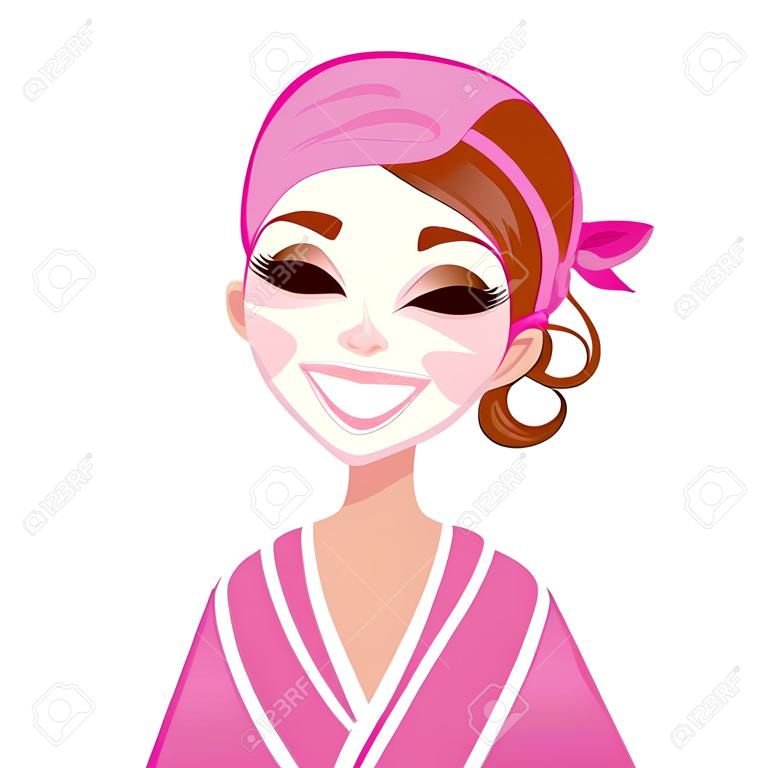 スパ顔少女白い幸せかわいいスパ女の子に分離されたピンクの浴室のローブを着てします。ベクトル イラスト。