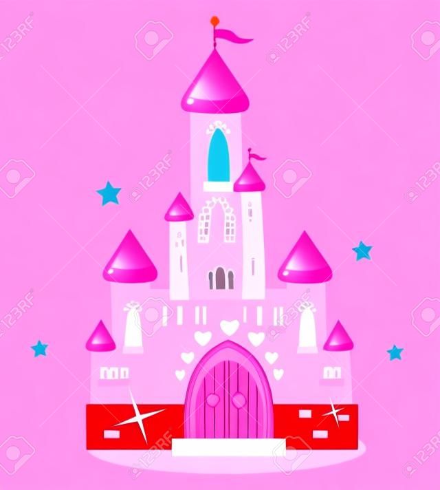 Wild pink Princess castle isolated on white background. Vector cartoon Illustration.
