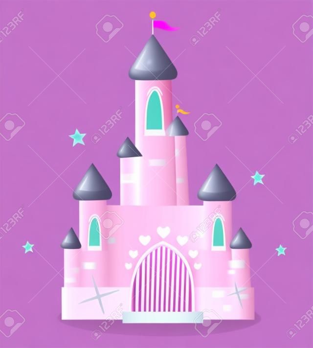 Wild pink Princess castle isolated on white background. Vector cartoon Illustration.