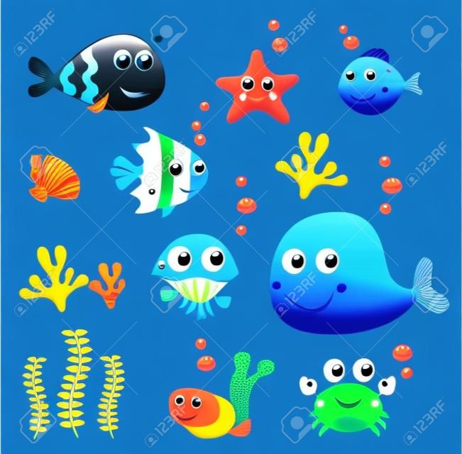 Les poissons exotiques et grosse collection de mer animaux. Caricature de Vector Illustration.