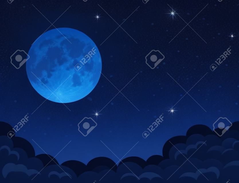 Fondo de la noche, la luna, las nubes y las estrellas brillantes en el cielo azul oscuro, ilustración