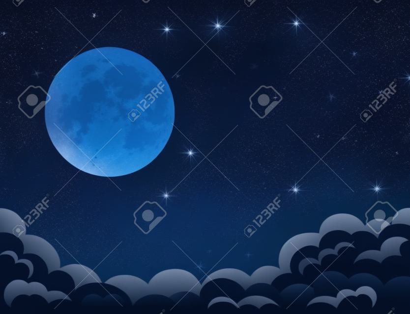 Notte di fondo, Luna, Nuvole e stelle che brillano sul cielo blu scuro, illustrazione
