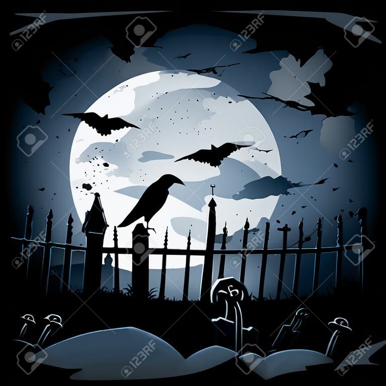 Enge Halloween nacht achtergrond, kraai op de begraafplaats, illustratie
