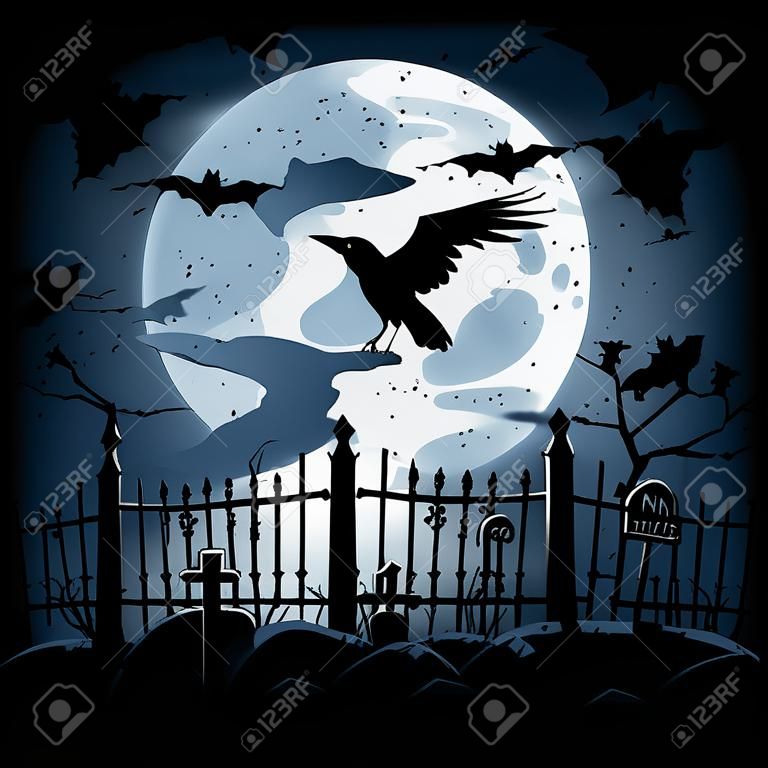 Fundo assustador da noite de Halloween, corvo no cemitério, ilustração