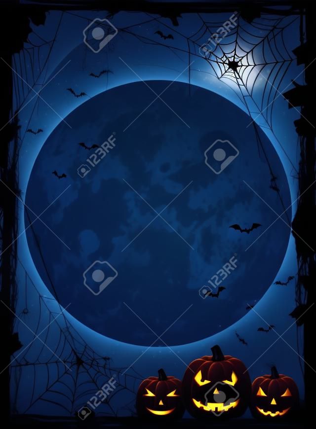 Niebieskie tło noc Halloween z księżyca, pająków i Jack O