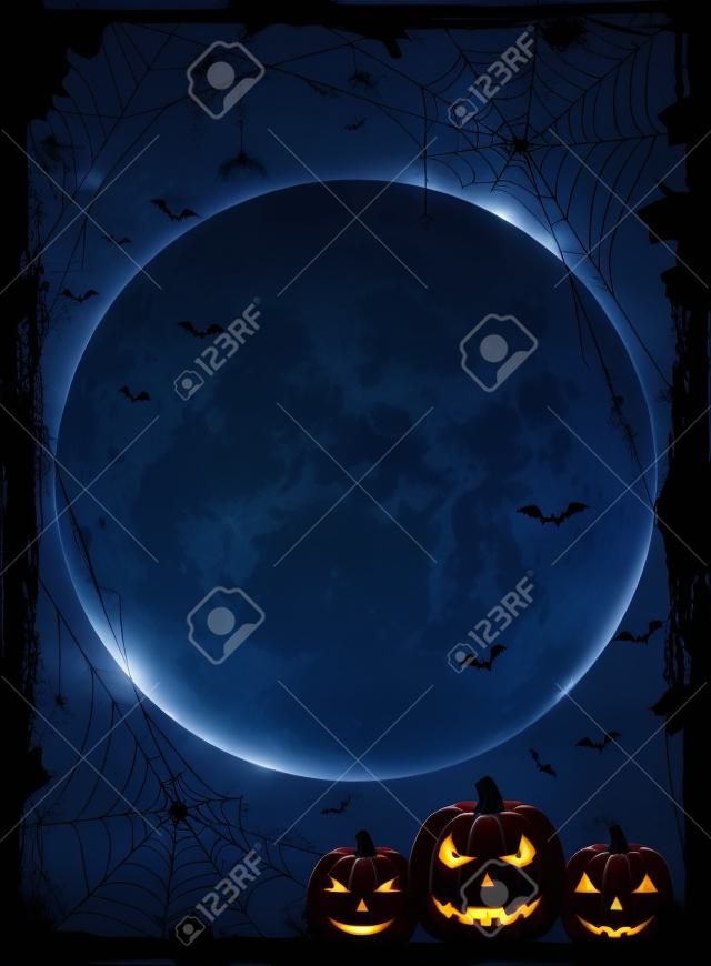 Niebieskie tło noc Halloween z księżyca, pająków i Jack O