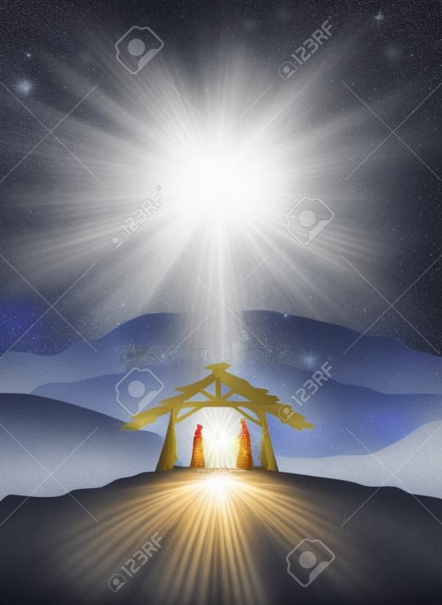 Cena cristã do Natal com nascimento de Jesus e estrela brilhante no céu, ilustração.