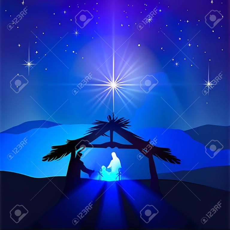 Christian Weihnachtsszene mit der Geburt Jesu und leuchtender Stern am blauen Himmel, Illustration.