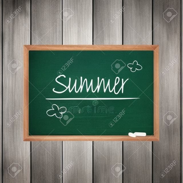 Words Summer written on a green chalkboard with chalk on wooden background, illustration.