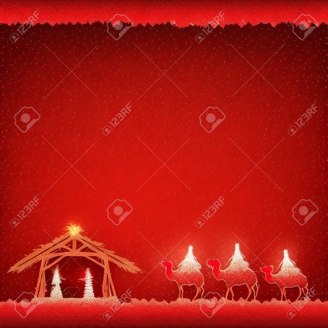 Christian Christmas scene on red background, illustration.
