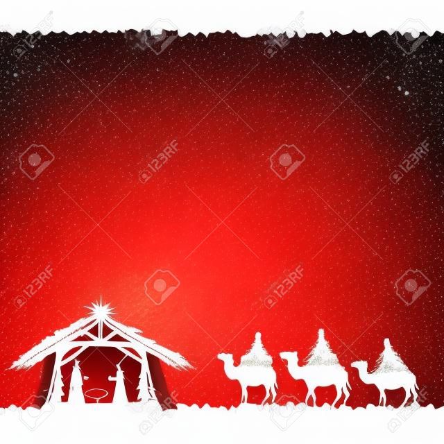 Christian Weihnachtsszene auf rotem Hintergrund, Illustration.