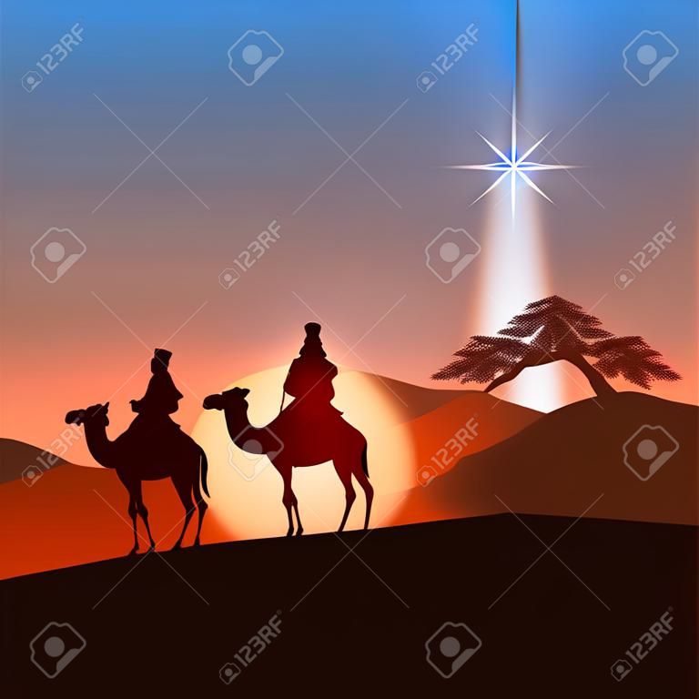 Рождественская открытка с тремя волхвами и сияющая звезда, христианской теме, иллюстрации.