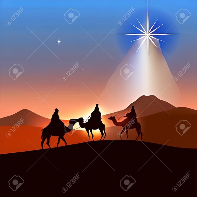 Fondo de Navidad con tres hombres sabios y brillante estrella, tema cristiano, ilustración.