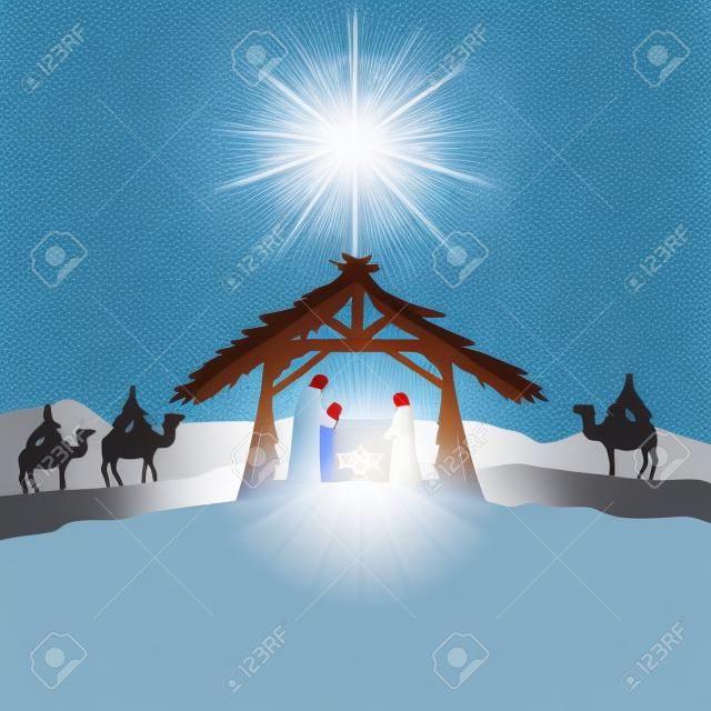 Kerststal, Kerstster op de blauwe lucht en geboorte van Jezus, illustratie.