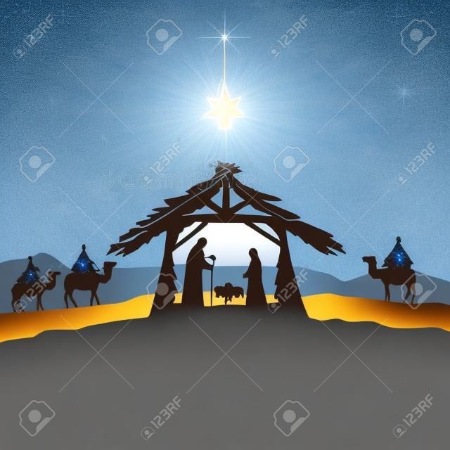 Escena de la Natividad, la estrella de la Navidad en el cielo azul y el nacimiento de Jesús, la ilustración.