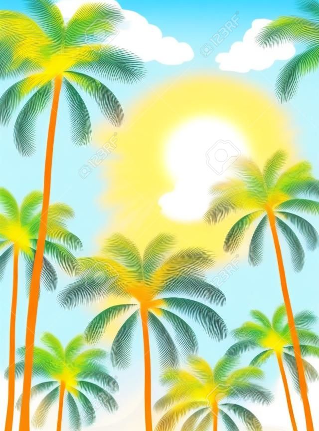 Sfondo estivo con palme e sole, palme alte e luminoso Sole su sfondo giallo e blu, illustrazione.
